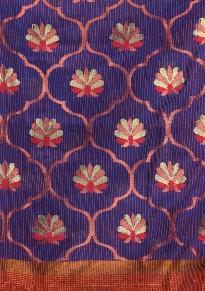 Blue Woven Floral Work Cotton Blend Saree Set