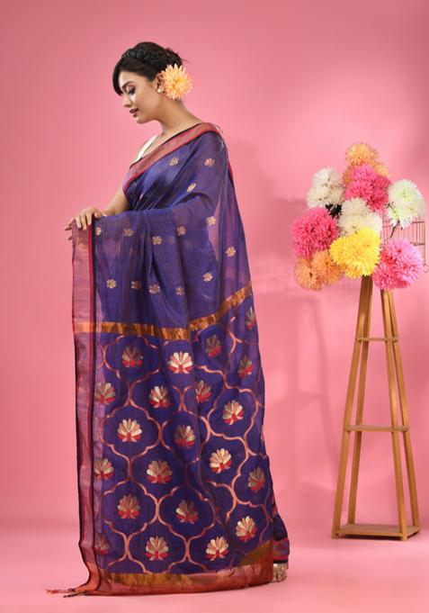 Blue Woven Floral Work Cotton Blend Saree Set