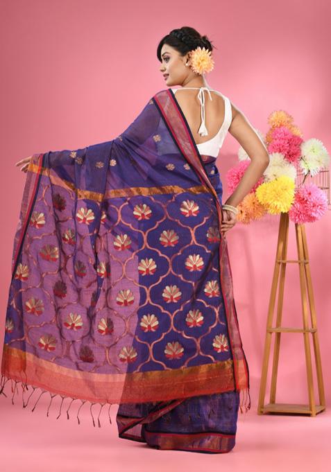 Blue Woven Floral Work Cotton Blend Saree Set
