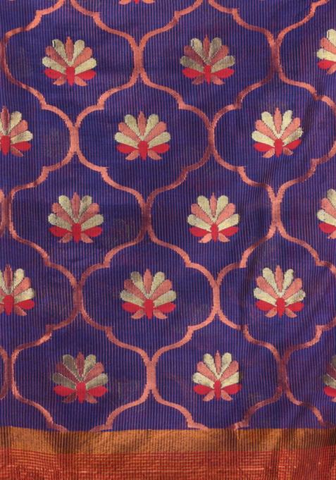 Blue Woven Floral Work Cotton Blend Saree Set