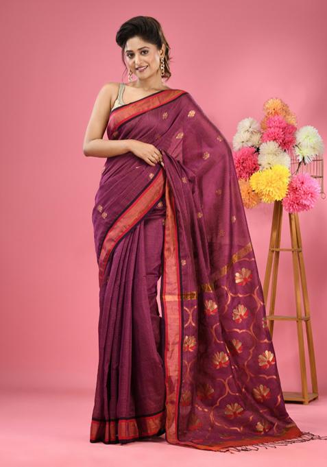 Magenta Woven Zari Work Cotton Blend Saree Set