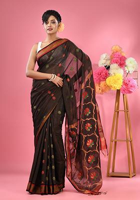 Black Woven Zari Work Cotton Blend Saree Set