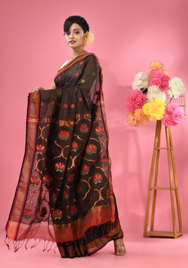 Black Woven Zari Work Cotton Blend Saree Set - Indya