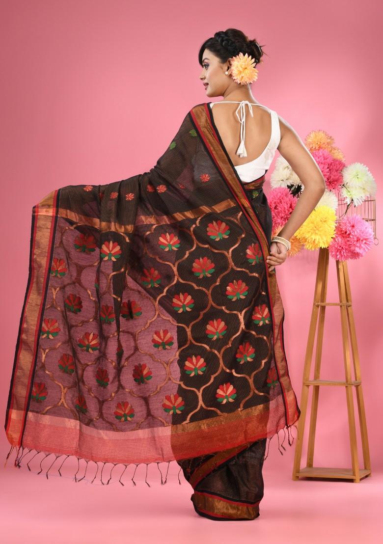 Black Woven Zari Work Cotton Blend Saree Set - Indya