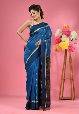 Sky Blue Woven Texture Work Cotton Blend Saree Set