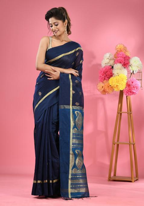 Navy Blue Woven Texture Work Cotton Blend Saree Set