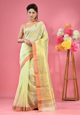 Pistachio Green Woven Paisley Work Cotton Blend Saree Set