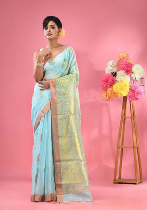 Sky Blue Woven Paisley Work Cotton Blend Saree Set