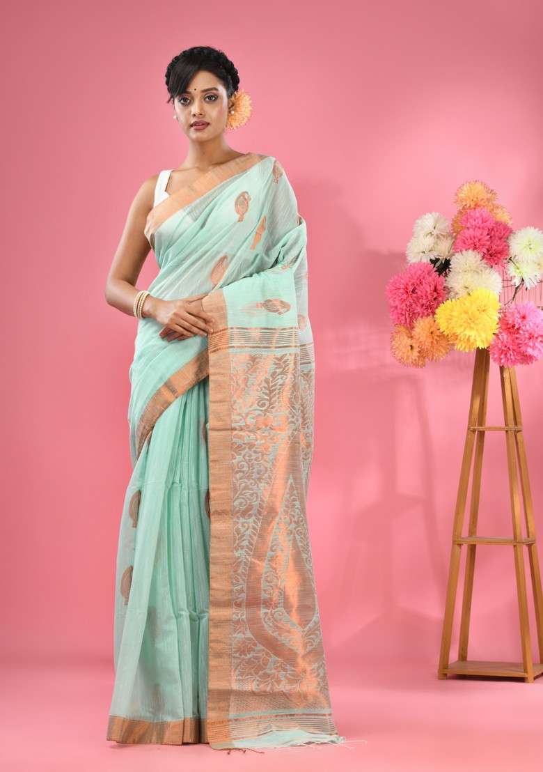 Sea Green Woven Paisley Work Cotton Blend Saree Set for Diwali and Festive Wear - Indya