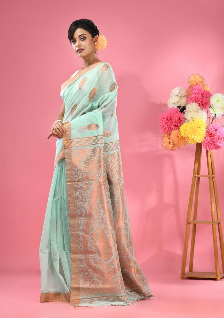 Sea Green Woven Paisley Work Cotton Blend Saree Set for Diwali and Festive Wear - Indya