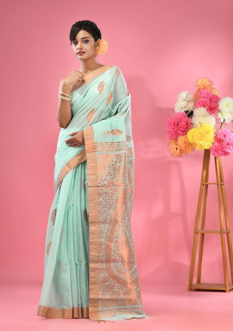 Sea Green Woven Paisley Work Cotton Blend Saree Set for Diwali and Festive Wear - Indya