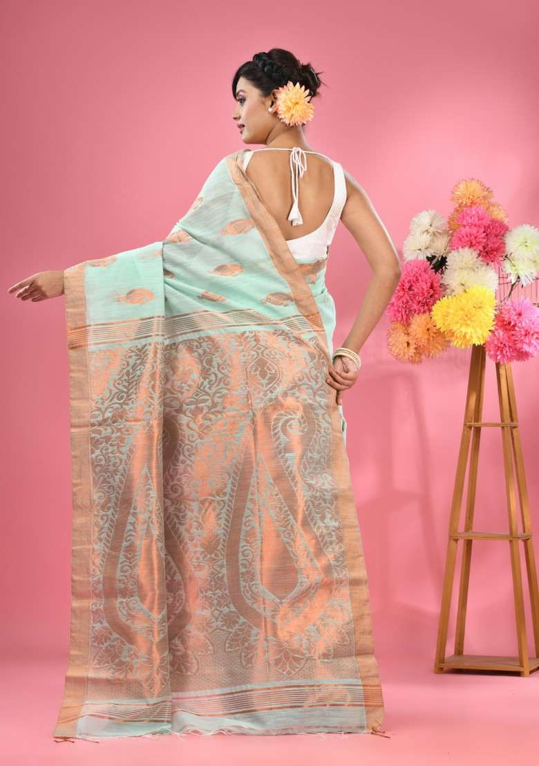 Sea Green Woven Paisley Work Cotton Blend Saree Set for Diwali and Festive Wear - Indya