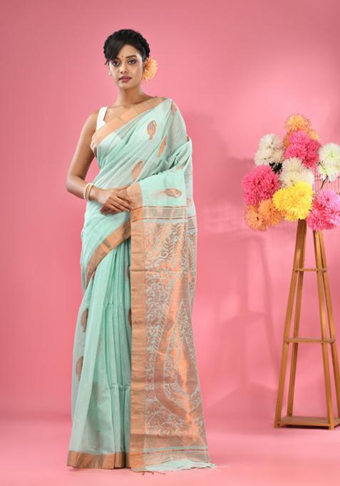 Sea Green Woven Paisley Work Cotton Blend Saree Set