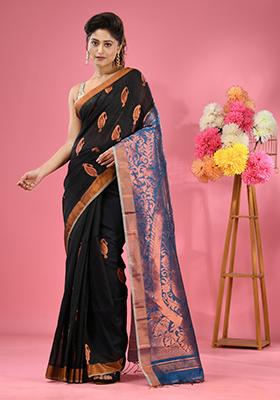 Black Woven Paisley Work Cotton Blend Saree Set