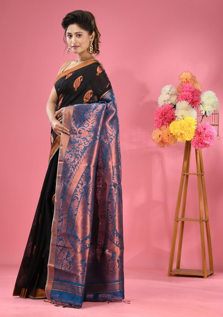 Black Woven Paisley Work Cotton Blend Saree Set - Indya