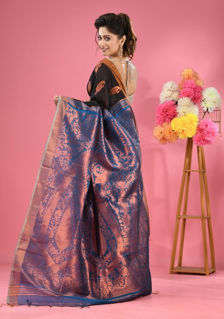 Black Woven Paisley Work Cotton Blend Saree Set - Indya