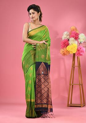 Parrot Green Nakshi Design Cotton Blend Saree Set