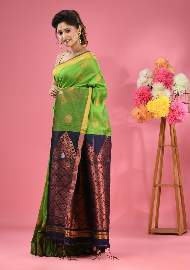 Parrot Green Nakshi Design Cotton Blend Saree Set