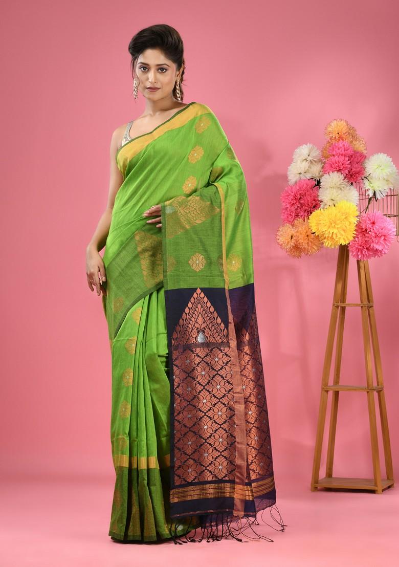 Parrot Green Nakshi Design Cotton Blend Saree Set