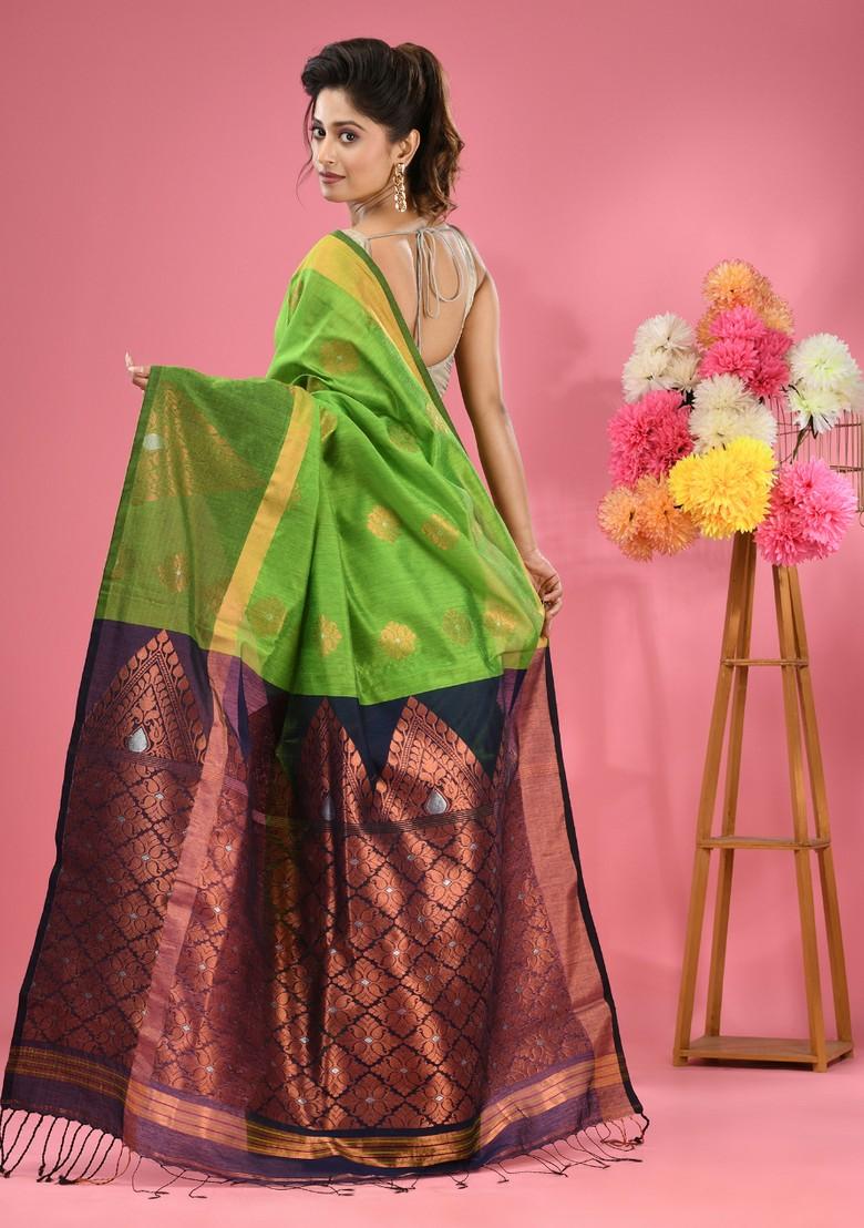 Parrot Green Nakshi Design Cotton Blend Saree Set