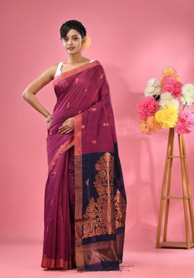 Magenta Textured Cotton Blend Saree Set