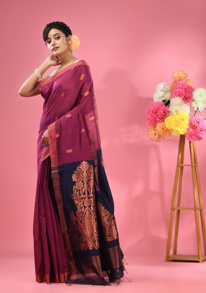 Magenta Textured Cotton Blend Saree Set