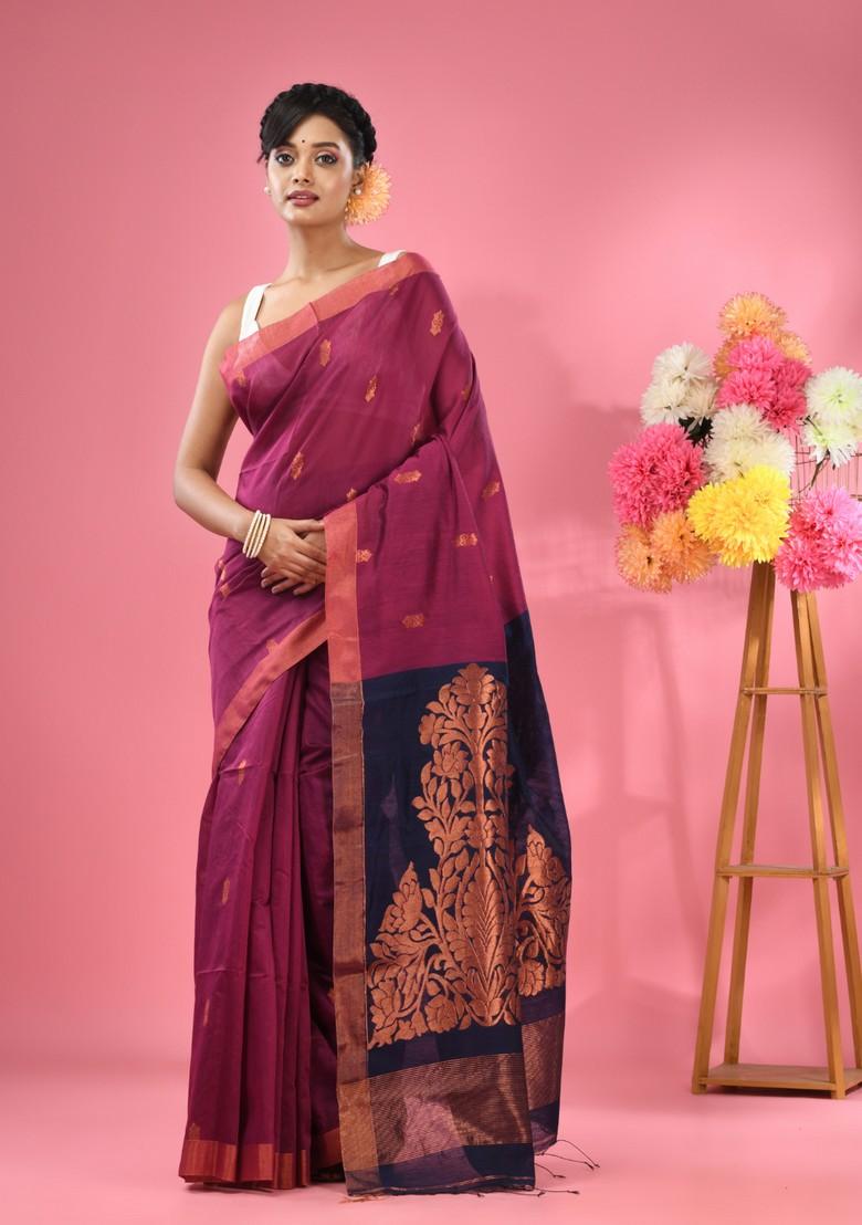 Magenta Textured Cotton Blend Saree Set
