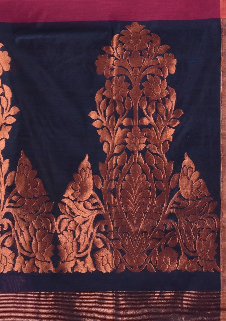 Magenta Textured Cotton Blend Saree Set