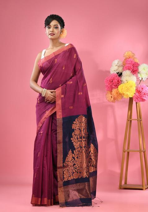 Magenta Textured Cotton Blend Saree Set