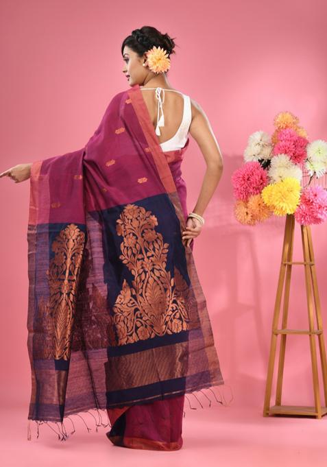 Magenta Textured Cotton Blend Saree Set