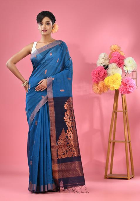 Sapphire Blue Textured Cotton Blend Saree Set