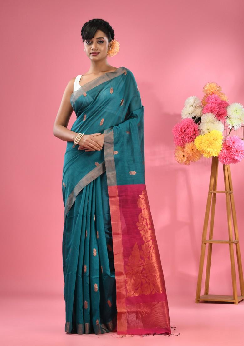 Teal Textured Cotton Blend Saree Set