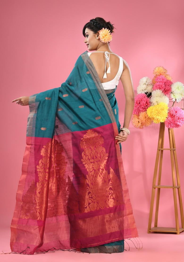 Teal Textured Cotton Blend Saree Set