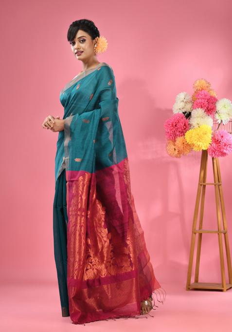 Teal Textured Cotton Blend Saree Set