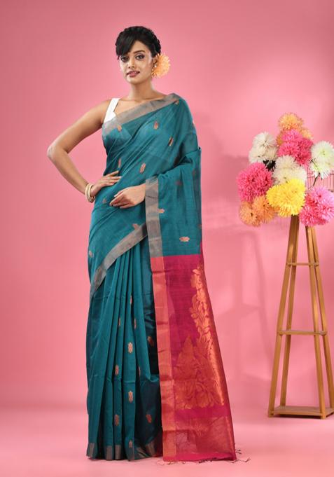 Teal Textured Cotton Blend Saree Set