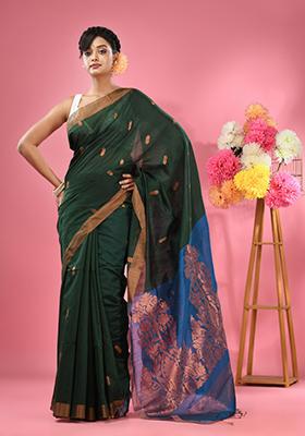 Green Textured Cotton Blend Saree Set