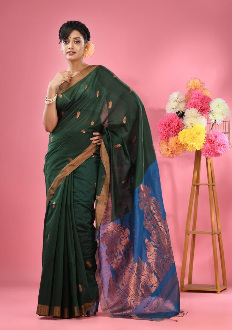 Green Textured Cotton Blend Saree Set