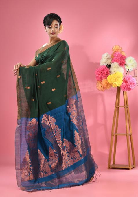 Green Textured Cotton Blend Saree Set