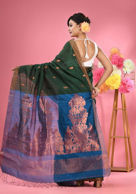 Green Textured Cotton Blend Saree Set