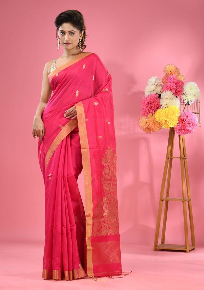Fuchsia Textured Cotton Blend Saree Set - Indya