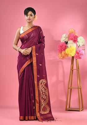 Purple Textured Cotton Blend Saree Set