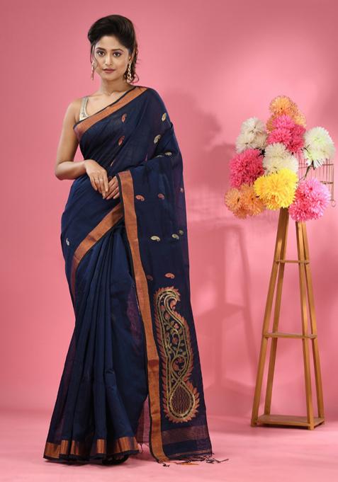 Navy Blue Textured Cotton Blend Saree Set