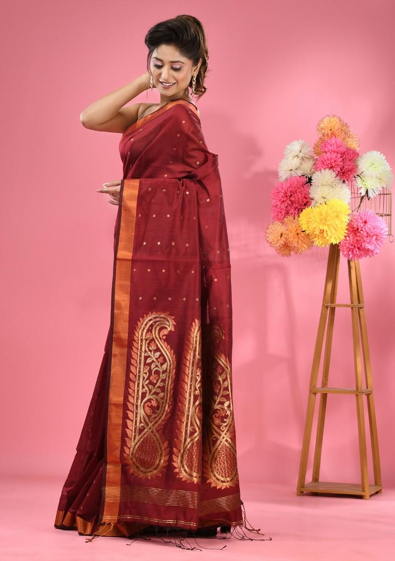 Maroon Zari Work Cotton Blend Saree Set