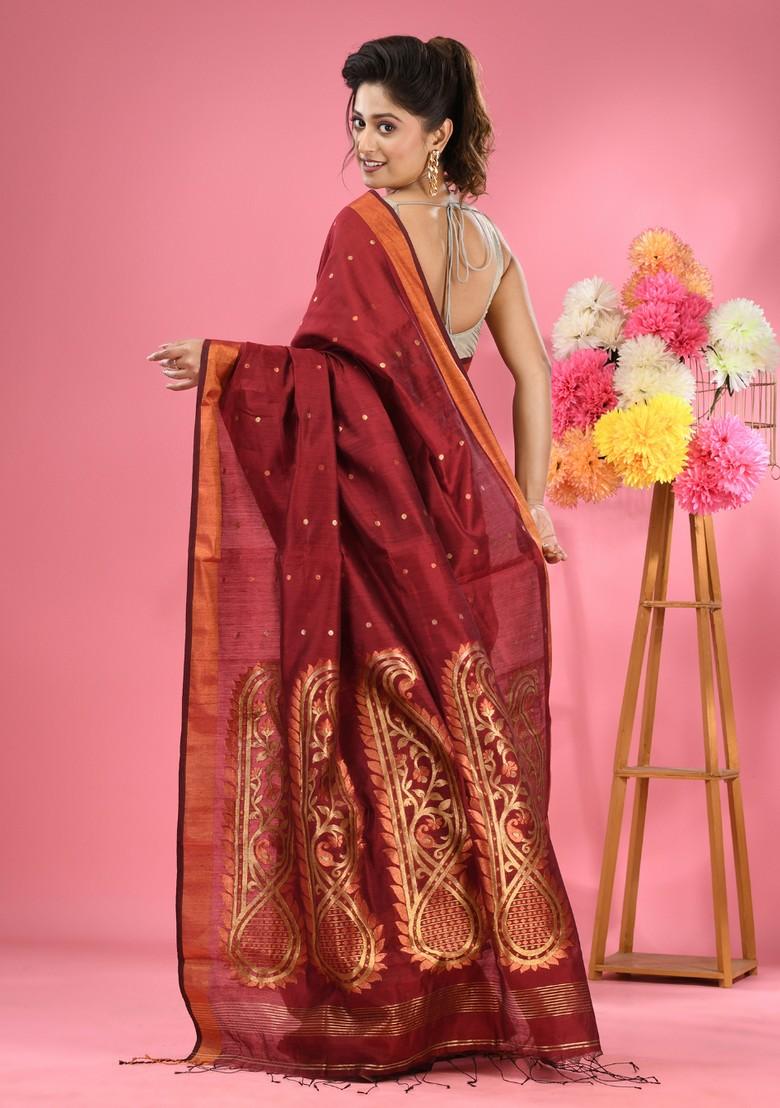 Maroon Zari Work Cotton Blend Saree Set - Indya