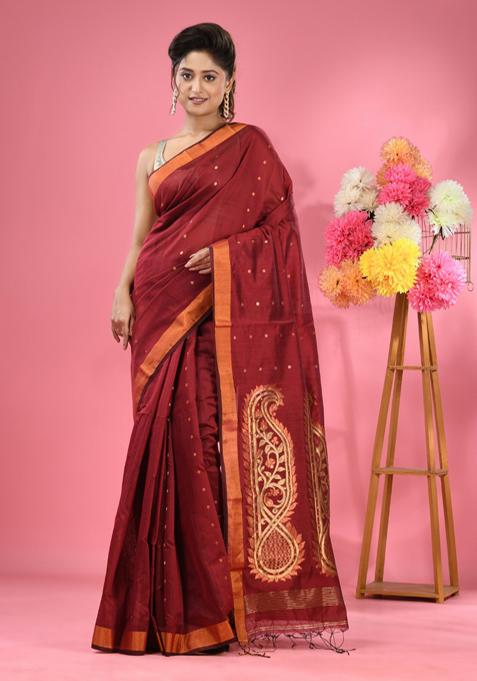 Maroon Zari Work Cotton Blend Saree Set