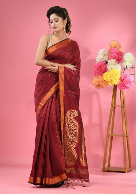 Maroon Zari Work Cotton Blend Saree Set