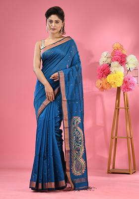 Sapphire Blue Zari Work Cotton Blend Saree Set
