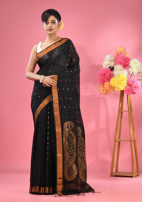 Black Zari Work Cotton Blend Saree Set