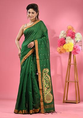 Green Zari Work Cotton Blend Saree Set