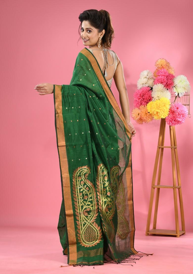 Green Zari Work Cotton Blend Saree Set - Indya